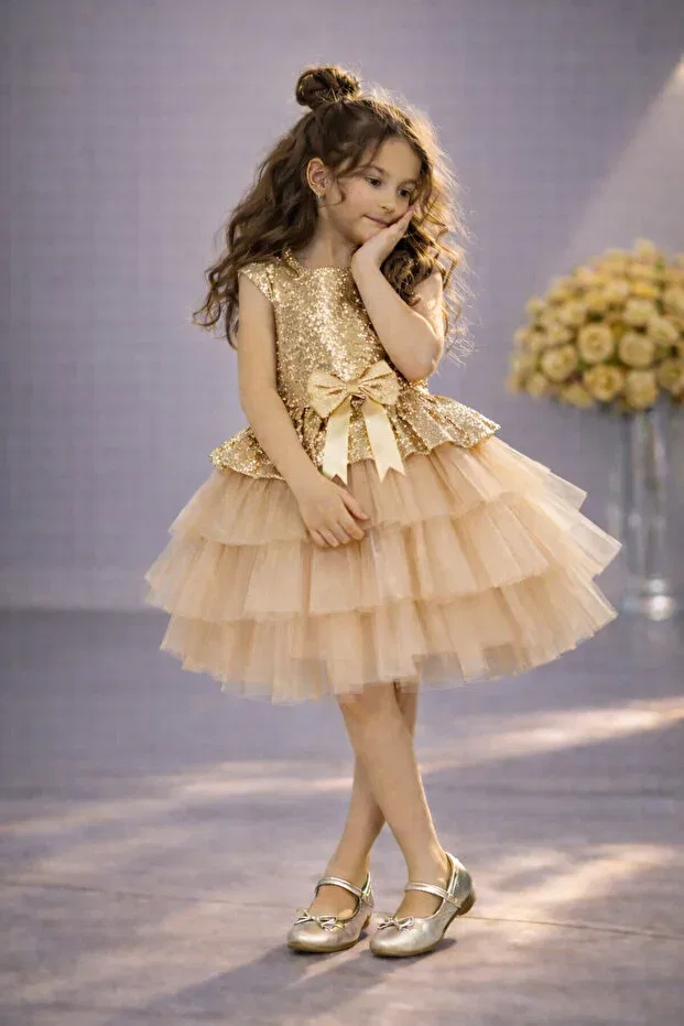 Детское платье для девочек с пайетками Rumi Kids, Gold — фото 2