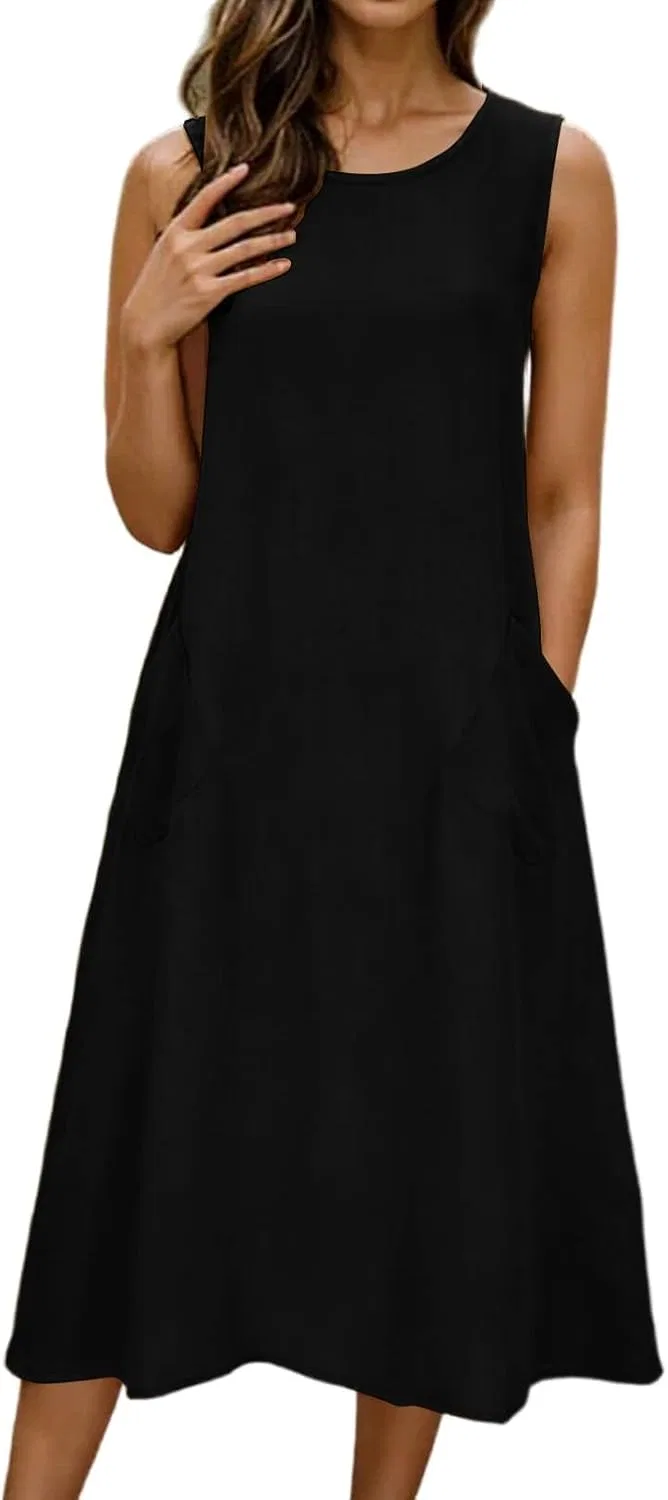 Женское платье миди с карманами Cotton Linen, Black