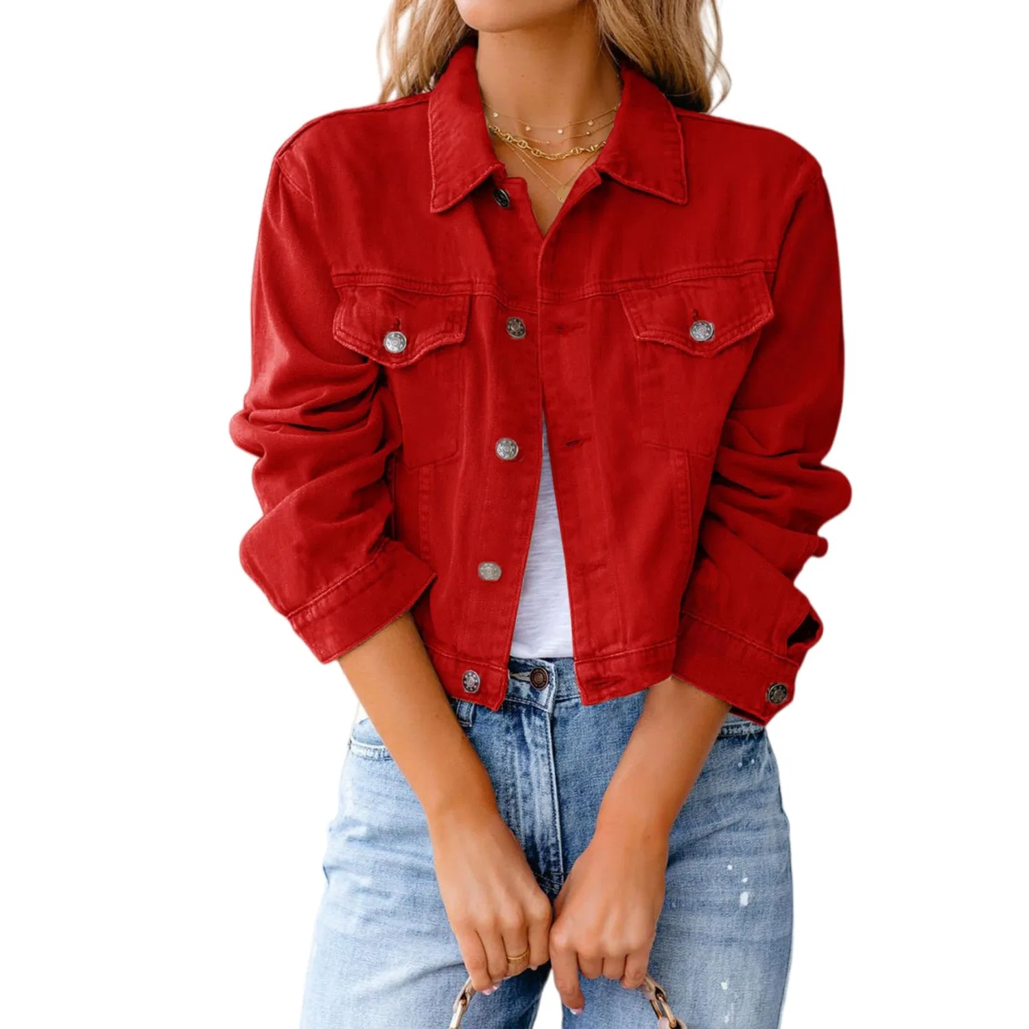 Женская джинсовая куртка с длинным рукавом, Western, Red