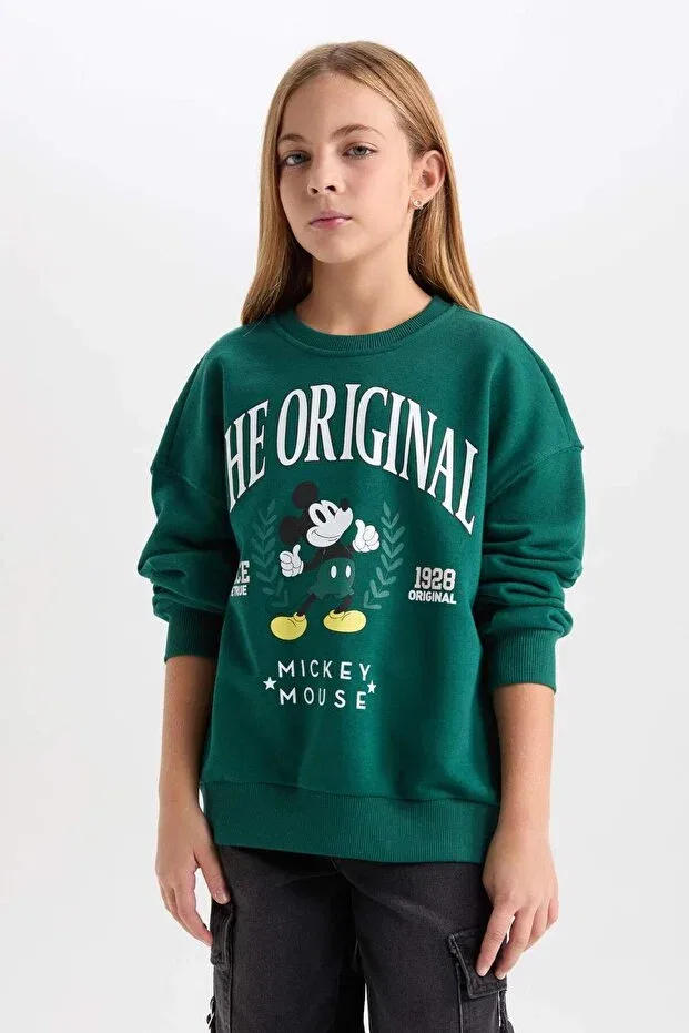 Детские свитшот для девочек с принтом Disney Mickey & Minnie Oversized Wide Fit Crew Neck Soft Fleece Defacto, Green — фото 3