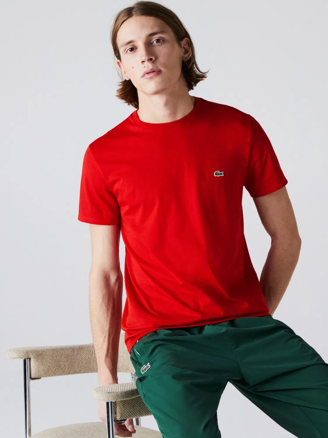 Lacoste Красная хлопковая футболка с круглым вырезом и короткими рукавами — фото 3
