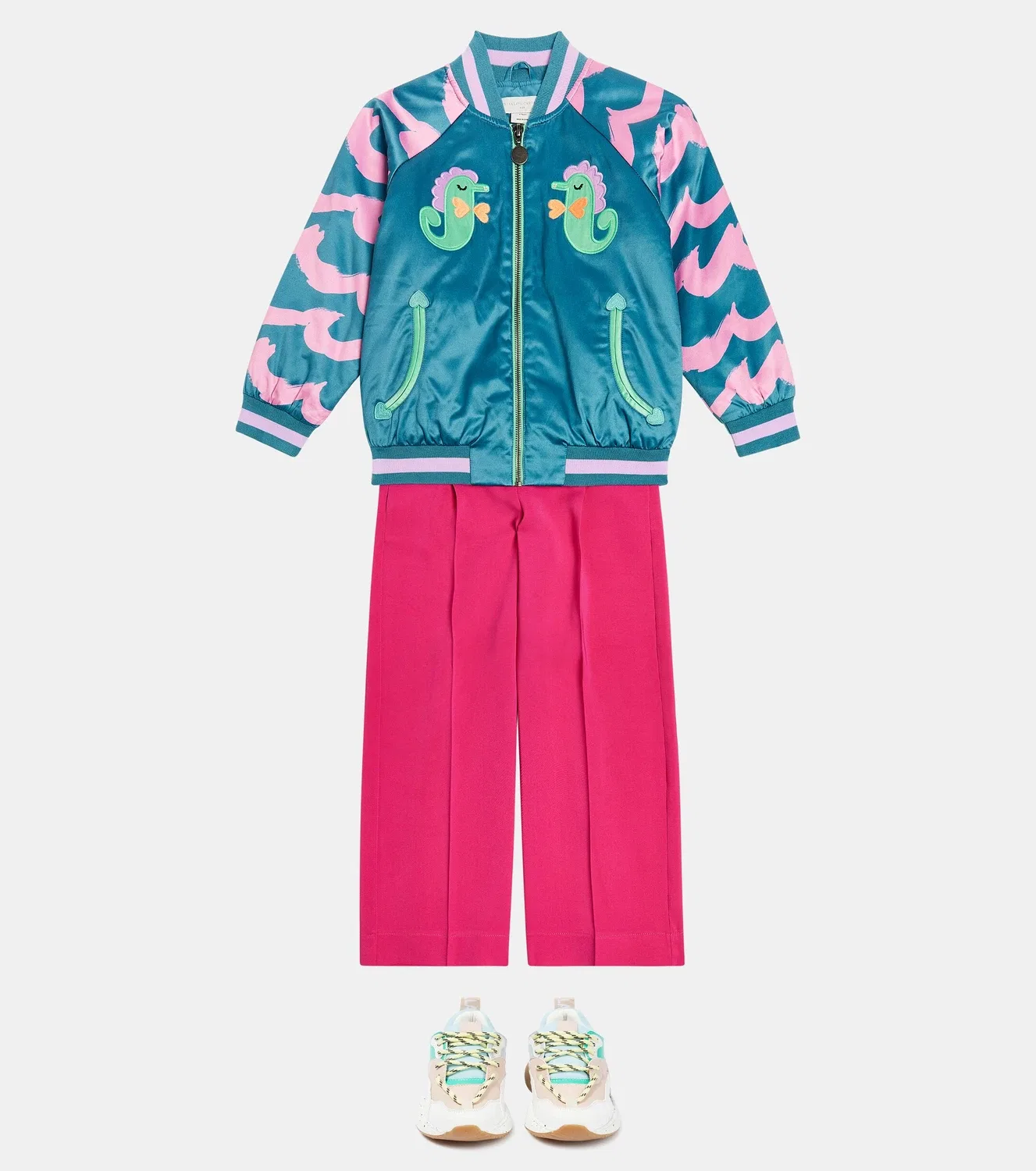 Куртка-бомбер стеганая с вышивкой морского конька Stella Mccartney Kids, бирюзовый — фото 2