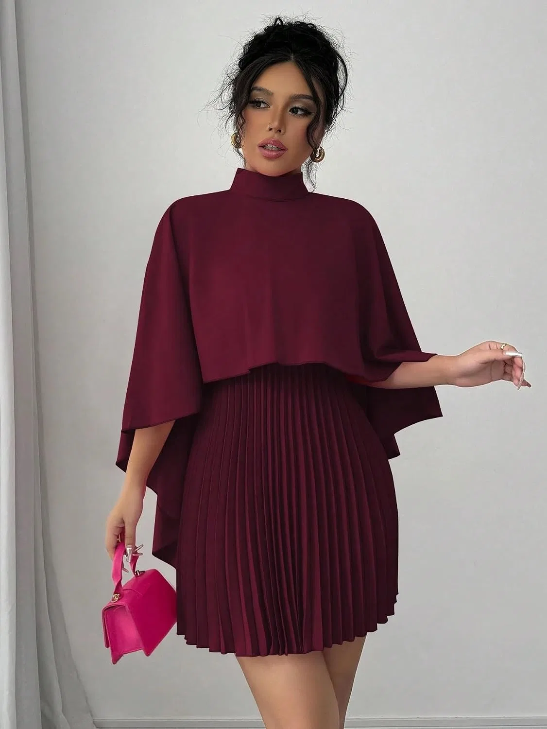 Женское повседневное платье А-силуэта с воротником-стойкой, Burgundy — фото 4