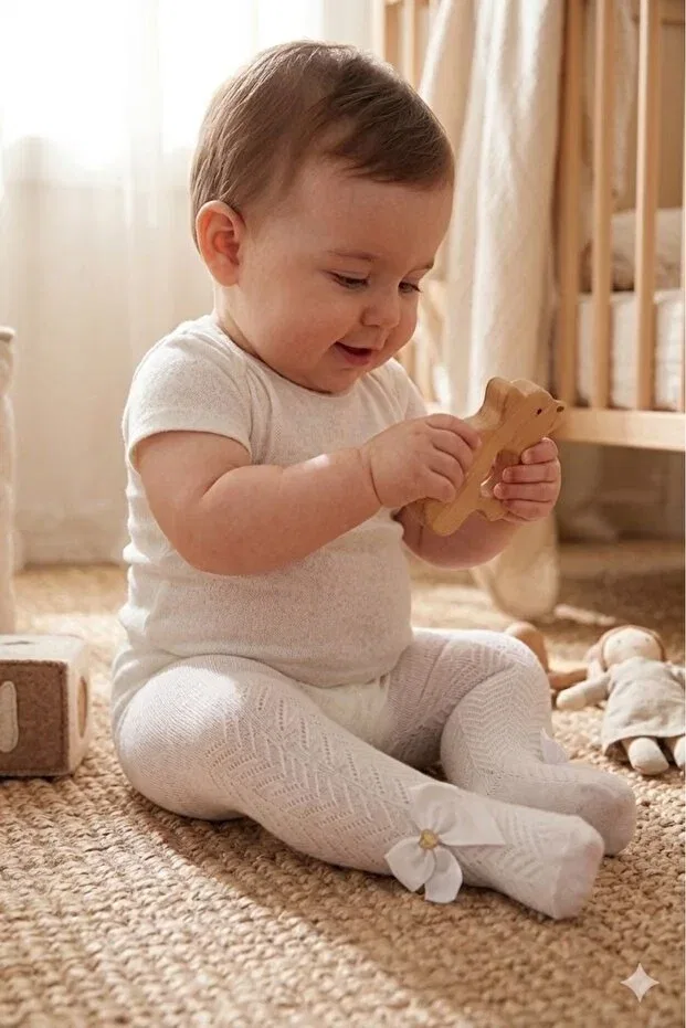 Детские колготки для девочек с принтом Pony Mesh Baby Pantyhose with Bow Detail Katamino, Nude Color — фото 2