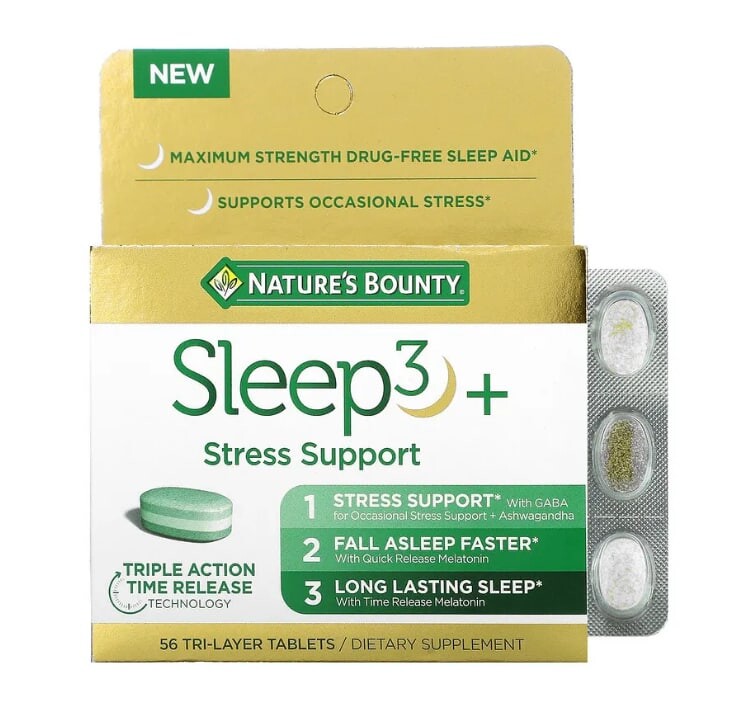 

Sleep3+, защита от стресса, 56 трехслойных таблеток, Nature's Bounty