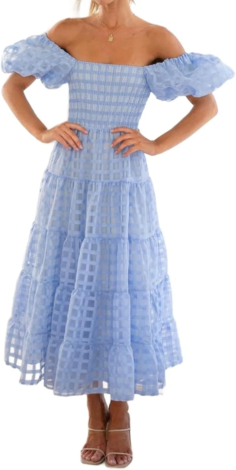Женское платье-миди с открытыми плечами, с принтом, Off Shoulder Short Puff Sleeve Mesh Dress