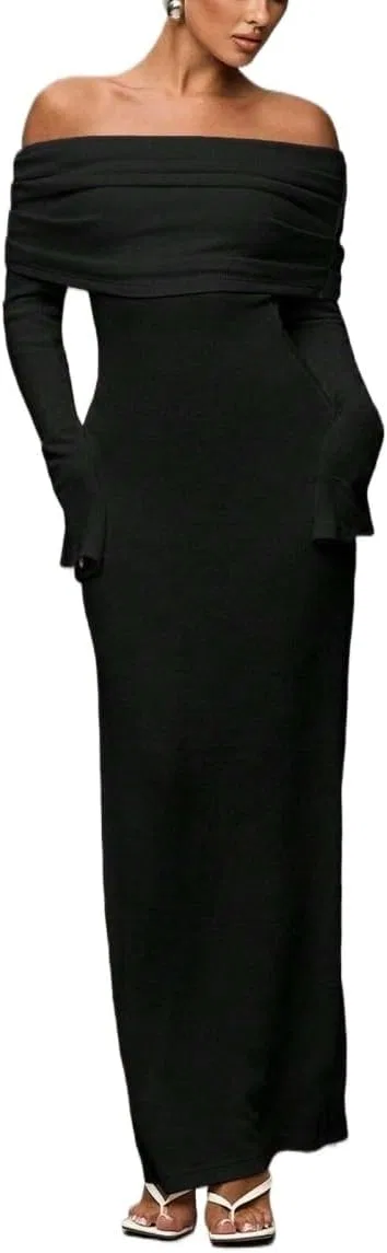 Женское облегающее макси-платье с рукавами Off-Shoulder, Black