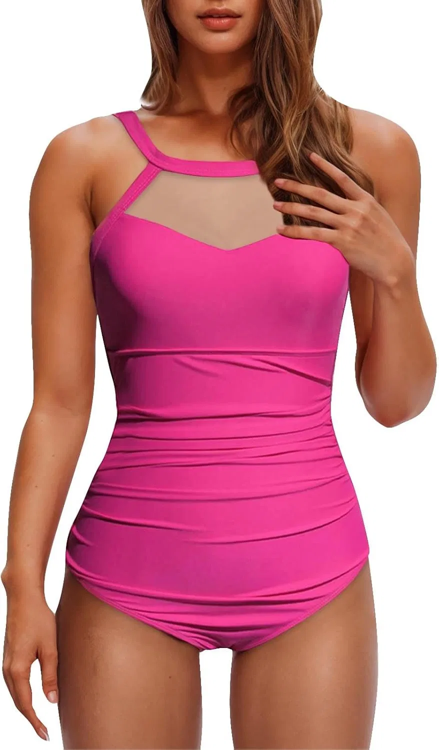 Женский купальник слитный с завышенной талией и сеткой, Hot Pink