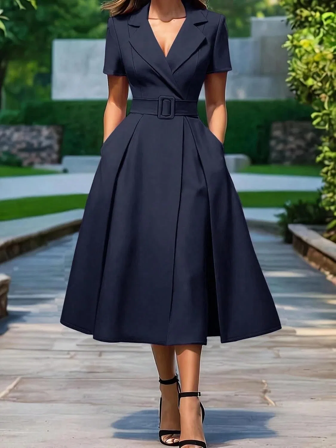 Женское коктейльное платье А-силуэта с V-образным вырезом, Navy Blue — фото 2