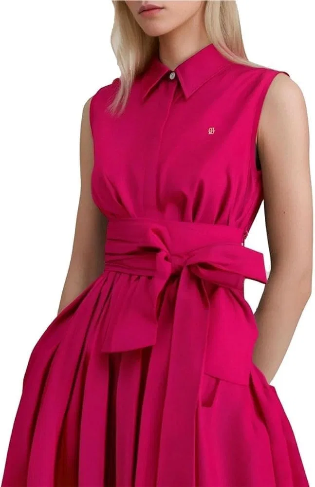 Женское платье-трапеция с поясом-бантом, Summer Lapel Sleeveless Bow Belt A-Line Maxi Dress, розовый — фото 2