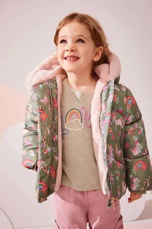 Детское зимнее пальто с капюшоном Green Unicorn Patterned Full Fleece Lined Hooded Coat Next Baby, Green — фото 2