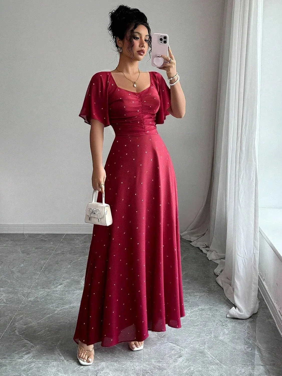 Женское элегантное платье с летучей мышью A-line, Red — фото 2