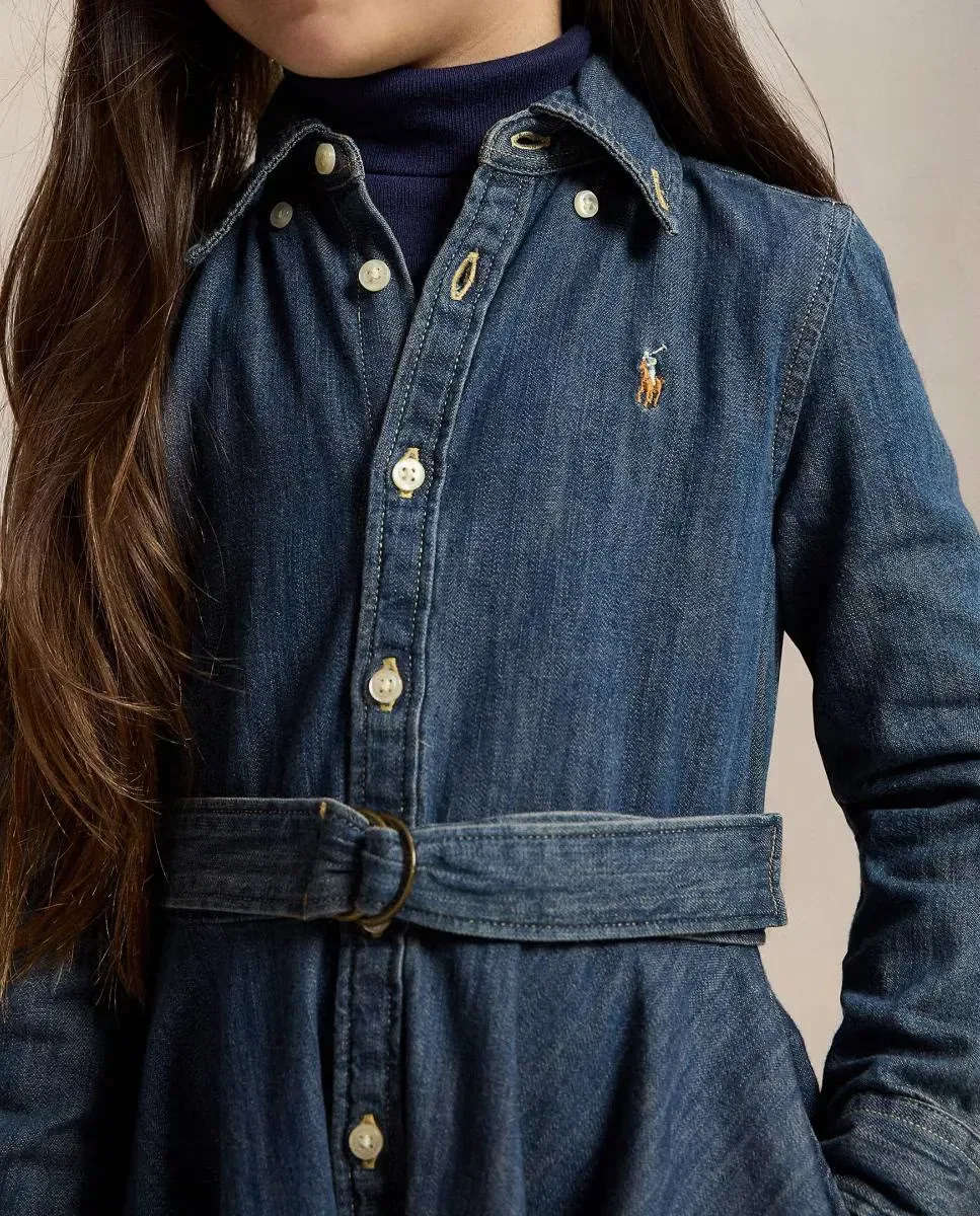 Детское платье-рубашка из денима с длинным рукавом Polo Ralph Lauren, Azul índigo — фото 3