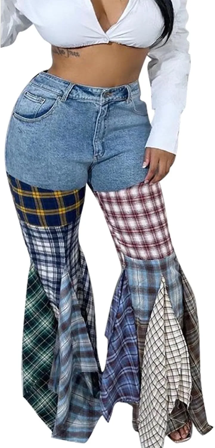 

SOMTHRON женские джинсы с клетчатым пэчворком и расклешенным низом