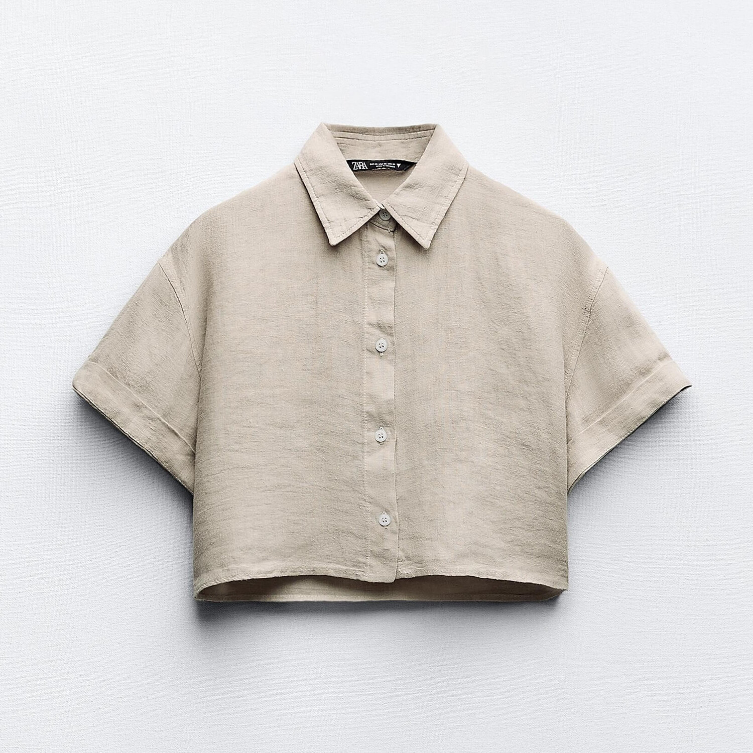 

Рубашка Zara Cropped 100% Linen, серо-бежевый