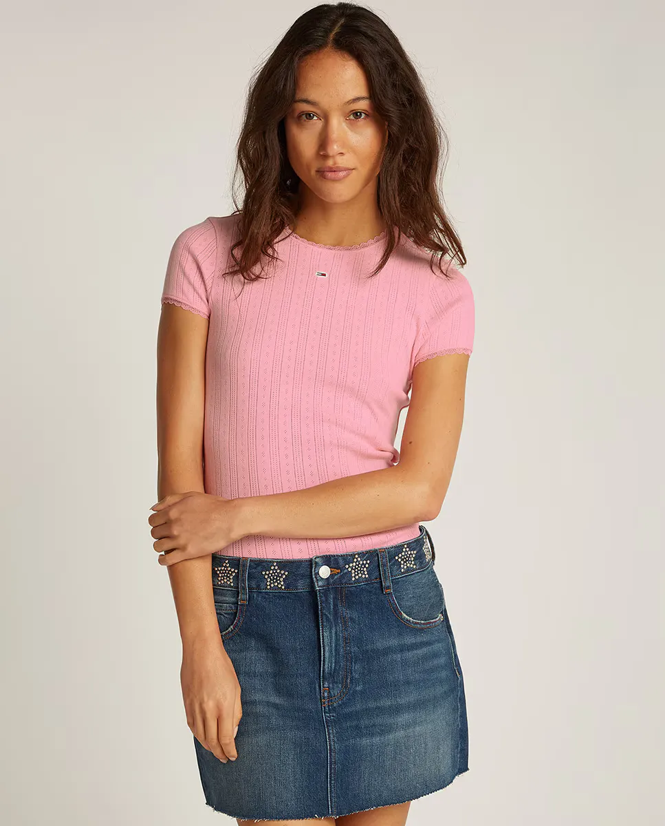 

Женская облегающая футболка из ткани петельчатый трикотаж Tommy Jeans, розовый