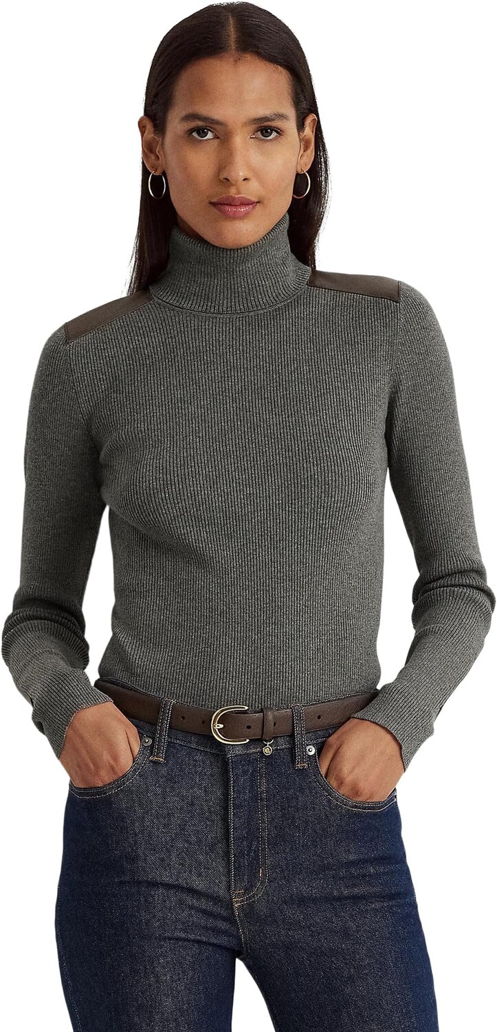 

Свитер Faux Leather-Trim Ribbed Turtleneck LAUREN Ralph Lauren, цвет Modern Grey Heather