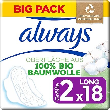 

Сверхдлинные гигиенические прокладки Always Cotton Protection с крылышками, поверхность из 100 % органического хлопка, размер 2