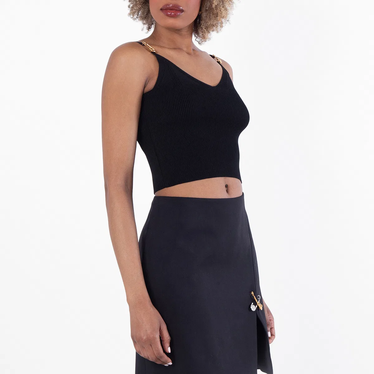 Топ без рукавов Safety Pin Ribbed-Knit Crop Top Versace, Black — фото 3