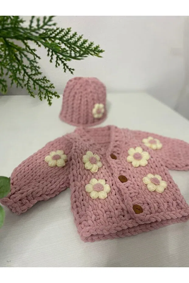 Детское пальто-кардиган с принтом Puffy cardigan beanie -knitted jacket hat Örgücü Design, Pink — фото 2