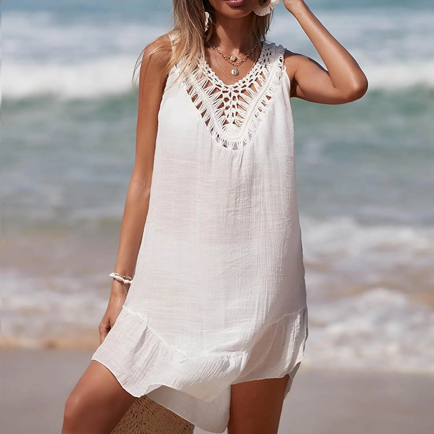 Женское пляжное платье-накидка с кружевным узором Crochet, White — фото 2