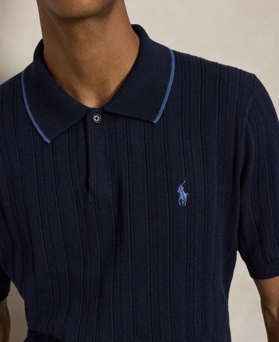 Мужское поло из фактурного хлопка с воротником-поло Polo Ralph Lauren, Hunter Navy — фото 3
