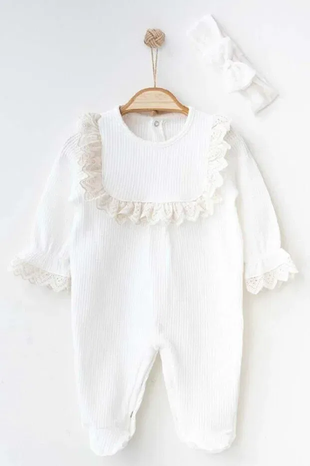 Детский комбинезон для девочек с длинным рукавом Scalloped baby girl romper with booties - special occasion outfit for mevlut and photoshoots Mini Ropa, Ecru