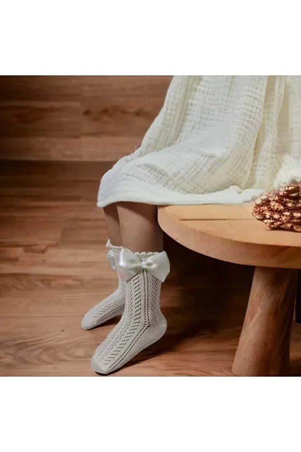 Детские носки для девочек хлопковые Bow mesh socks for girls / baby girls cream color Bebeğime Çorap, Nude Color