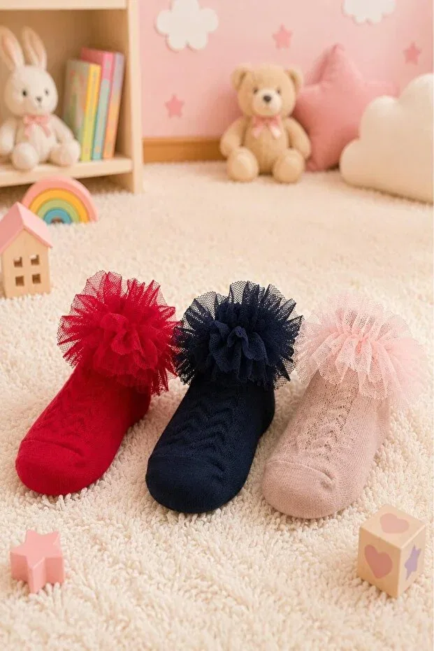 Детские носки с узором 3 предмета Organic cotton premium 3-piece baby tulle socks Lakoren, Red