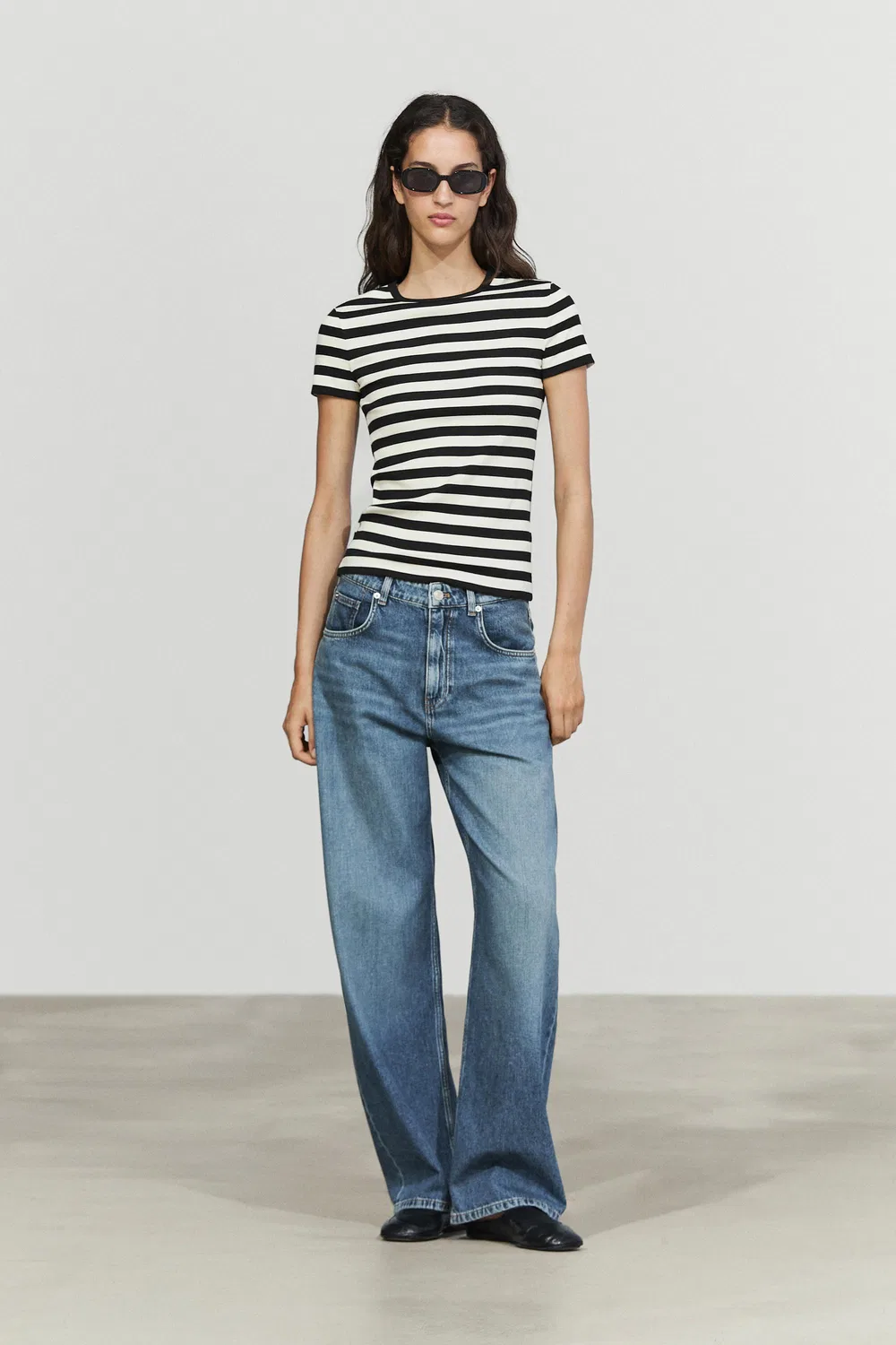 Футболка Massimo Dutti Short Sleeve Striped Cotton Blend, черный/кремовый — фото 4
