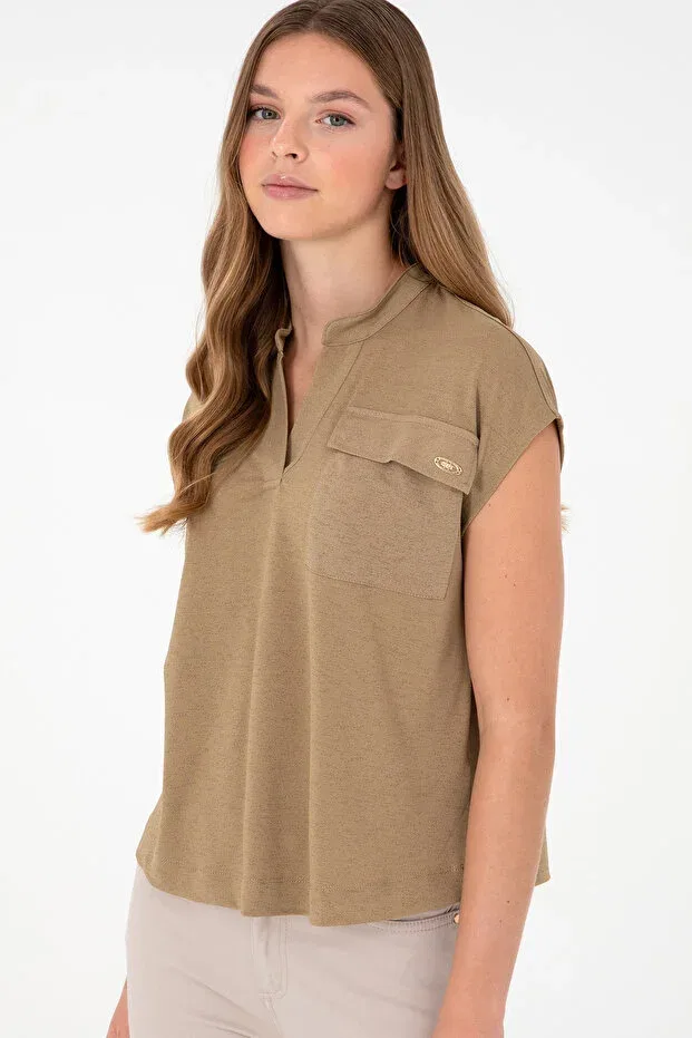 Женская блуза с воротником-мандарин и коротким рукавом U.S. Polo Assn., Khaki — фото 3
