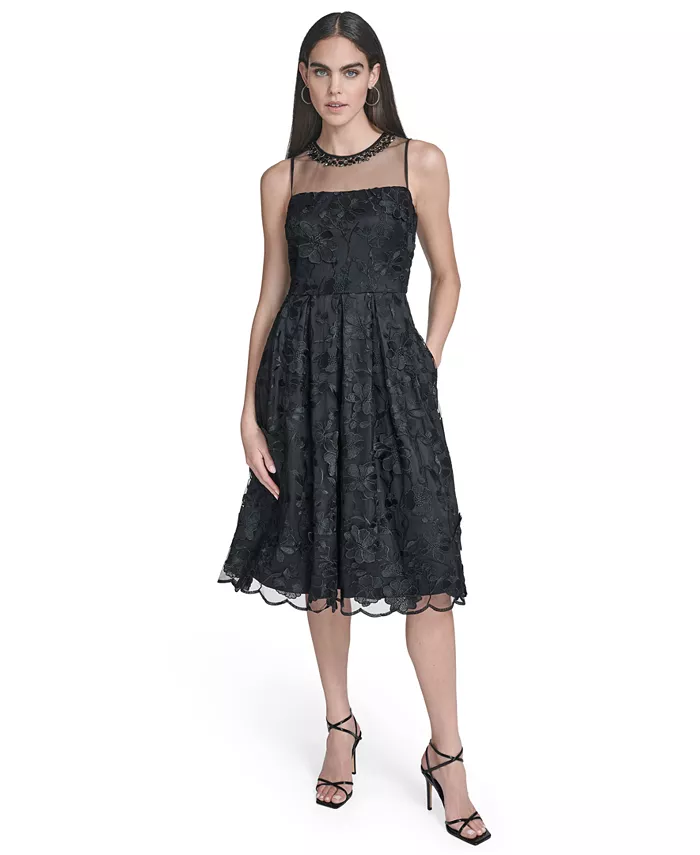 

Женское платье миди с воротником-стойкой и иллюзией Eliza J, черный