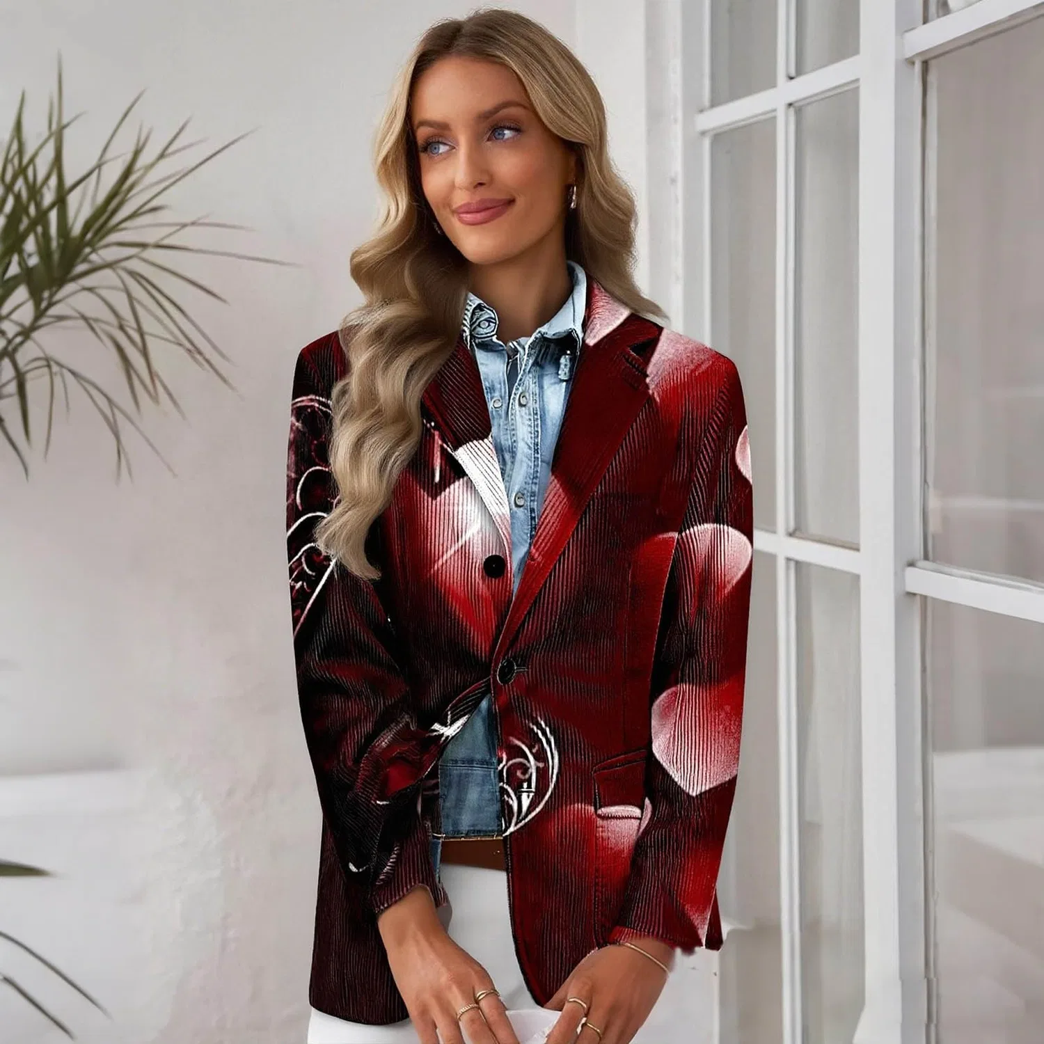 Женская куртка из вельвета с принтом Heart Print, Wine — фото 2