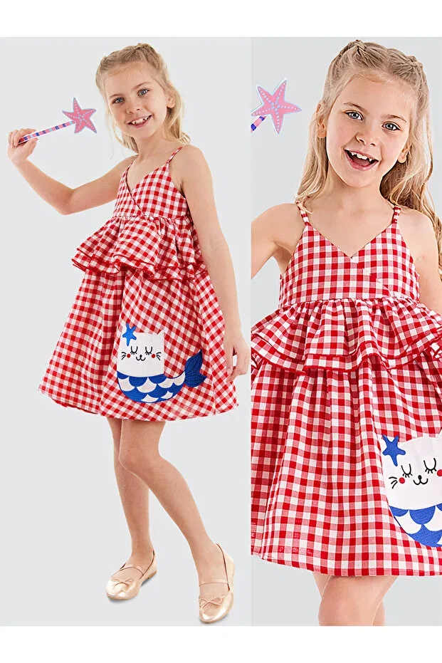 Детское платье для девочек с принтом Cat Girl's Red Plaid Ruffle Strap Denokids, Red