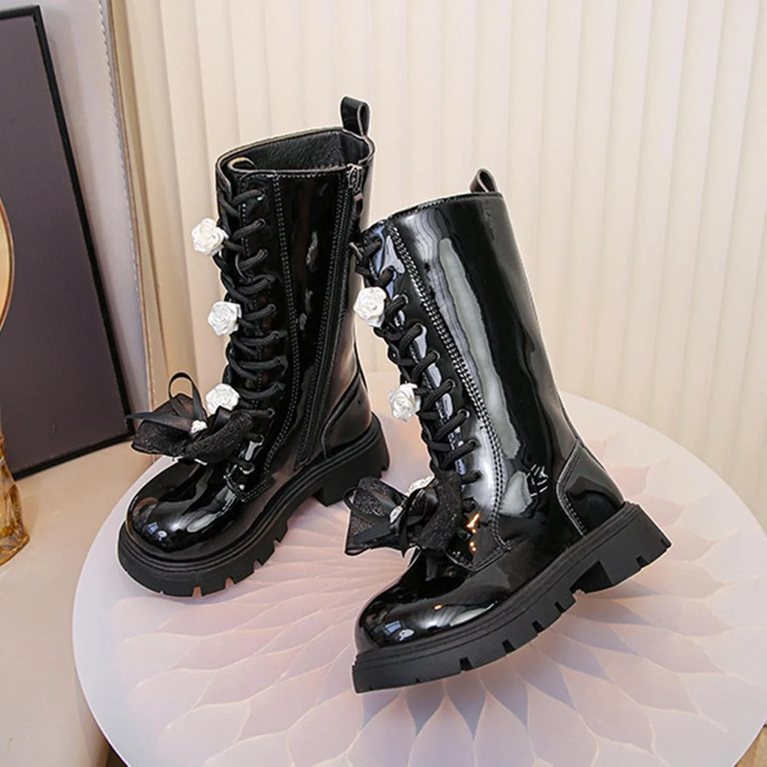 Детские сапоги для девочек с принтом роз Rose Decoration, Black — фото 3