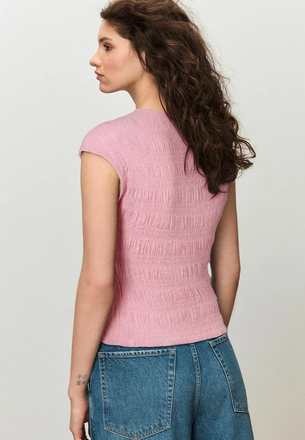 Блузка стандартного кроя с короткими рукавами и фактурным круглым вырезом Next, Pink — фото 2