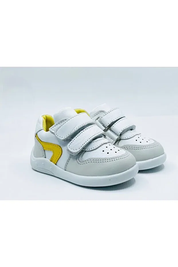 Детские кроссовки для девочек кожаные с ортопедической стелькой Lepi, White-Yellow