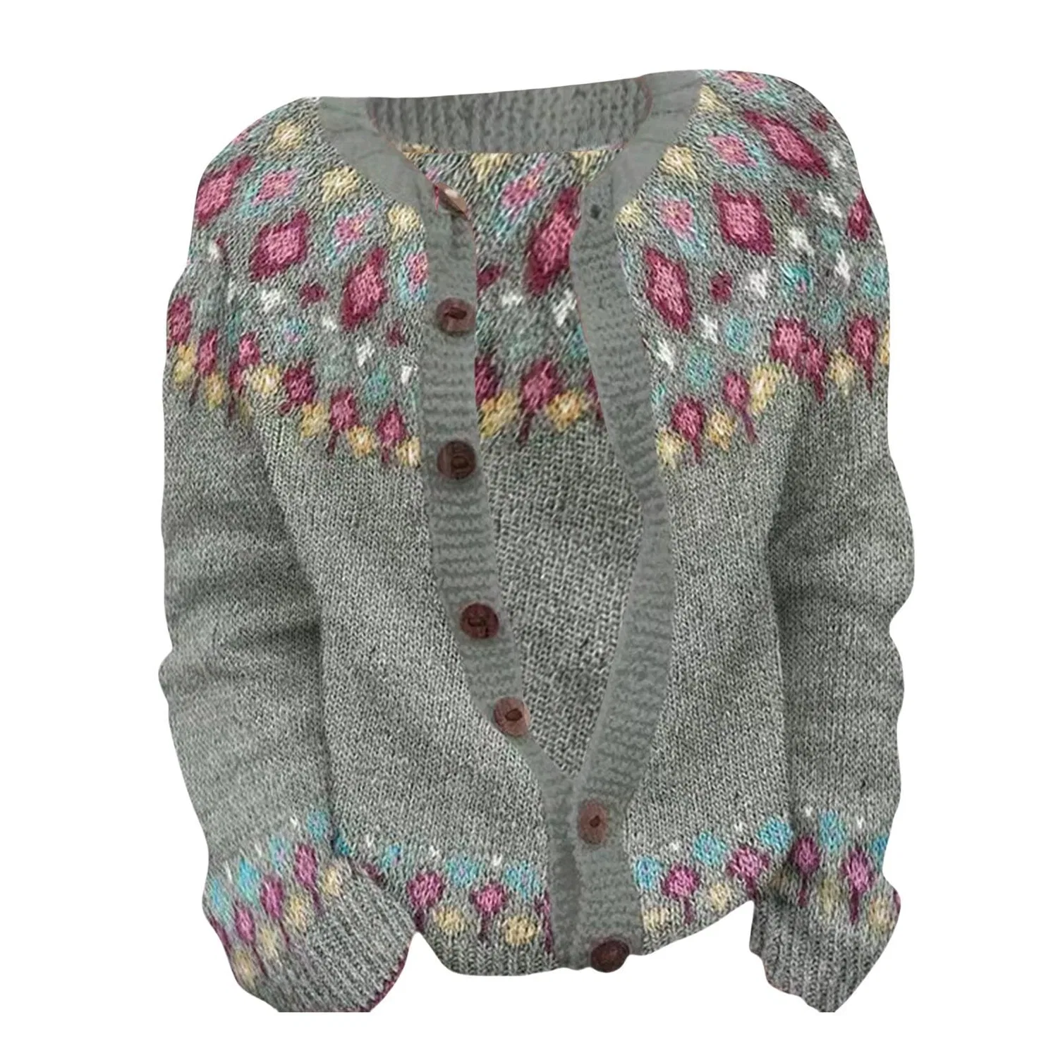 Женский кардиган с нордическим узором Fair Isle с длинным рукавом, Dark Grey — фото 3