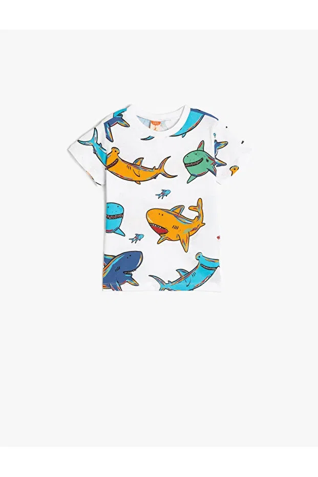 Детская футболка для мальчиков с принтом Shark printed cotton ecru baby boy t-shirt Koton, Ecru Patterned