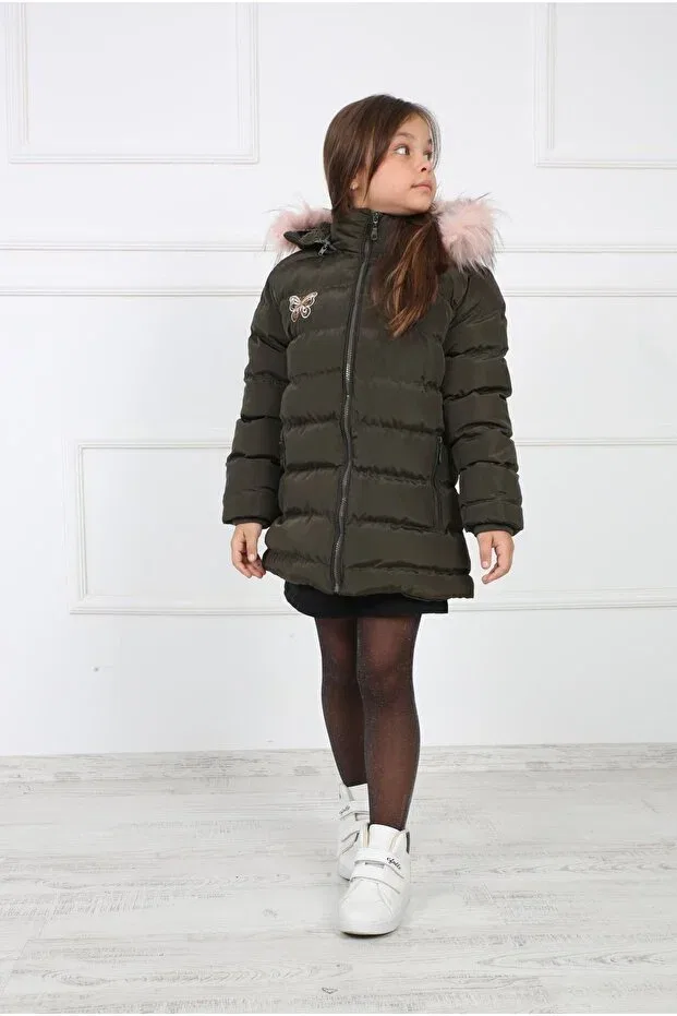 Детское пальто для девочек пуховое с капюшоном B&T, Khaki — фото 2