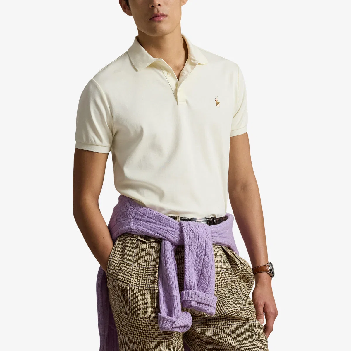 Хлопковая рубашка-поло с короткими рукавами и вышивкой логотипа Polo Ralph Lauren, кремовый — фото 3
