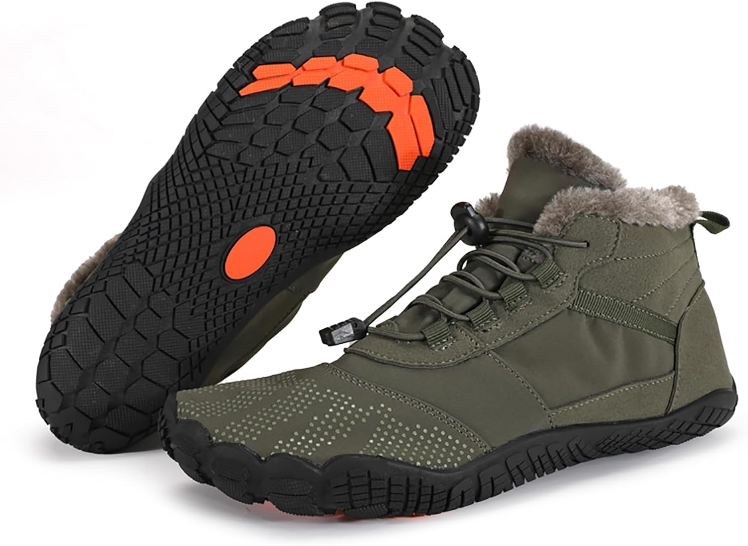 

Мужские и женские обувь Tongzone с широким носком, с меховой подкладкой, с подошвой нулевого падения, высокие ботинки для ходьбы зимой, зеленый