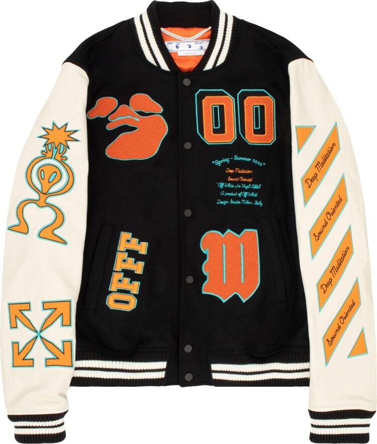 

Куртка Off-White Graphics Leather Varsity Jacket 'Black/Orange', черный