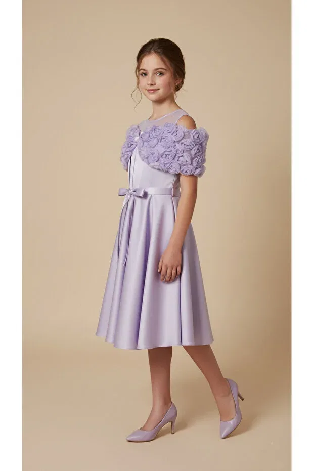 Детское платье для девочек с принтом floral detailed evening dress Melek Golden, Lila — фото 2
