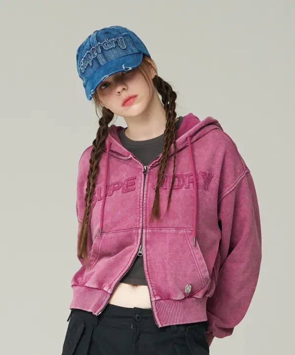 Кроп-худи на молнии, винтажная стирка, Superdry, темно-розовый