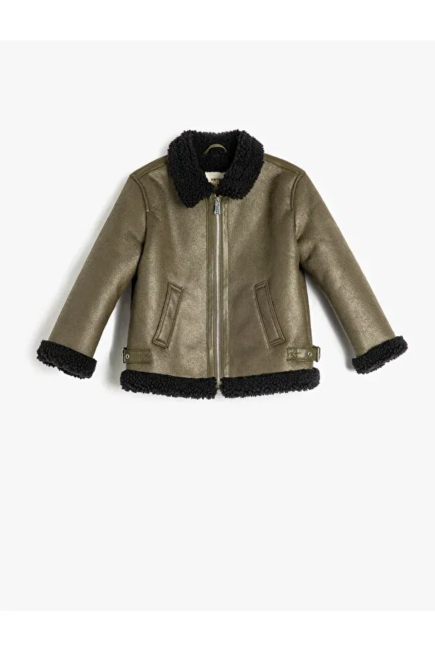 Детское пальто для девочек с длинным рукавом Biker jacket faux leather with plush detail Koton, Khaki