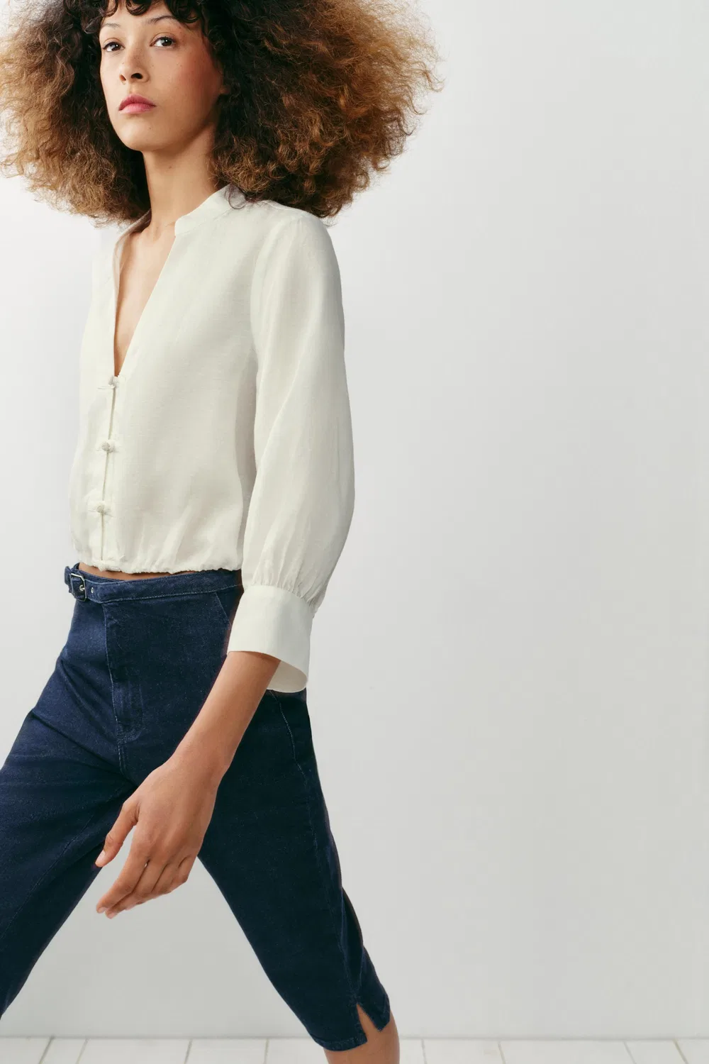 Рубашка-баллон из льняной смеси с застежкой в виде лягушки ZARA, White — фото 3