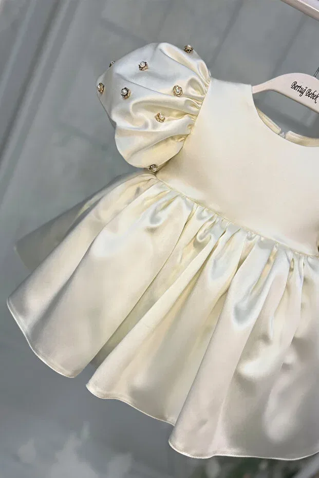 Детское платье для девочек с коротким рукавом-фонарик Pearl balloon sleeve Bertuğ Bebek, Ecru — фото 4