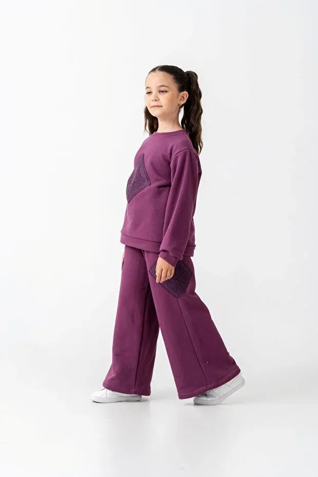 Детский комплект для девочек из футера с принтом Flared Piece Tracksuit Set Harika Kids, Purple — фото 4