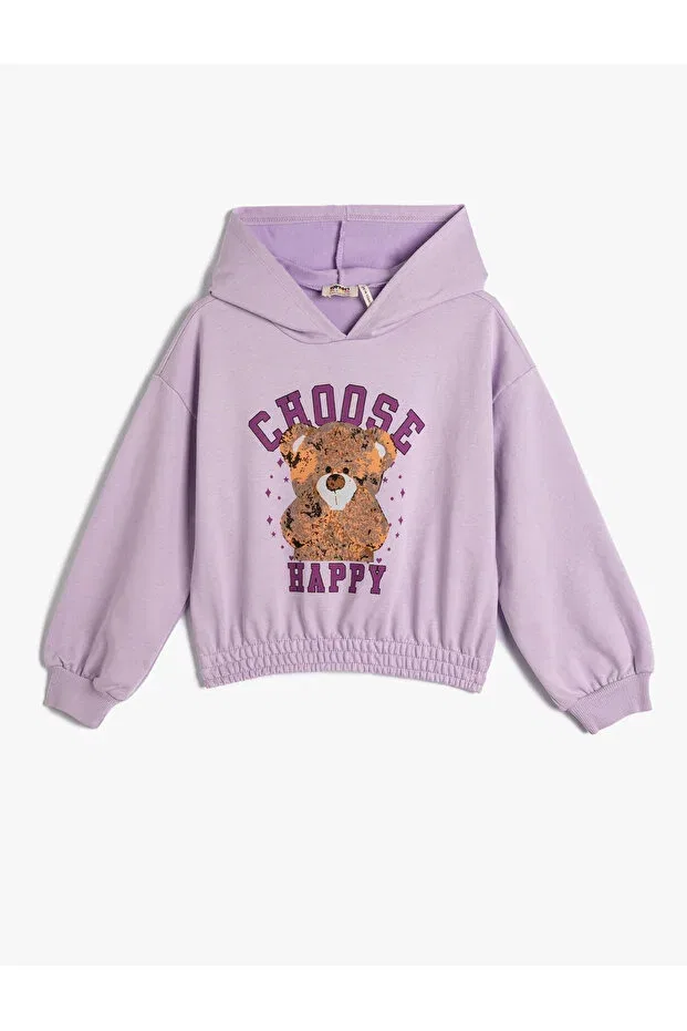 Детское худи для девочек с принтом Hooded Sweatshirt Teddy Bear Printed Long Sleeve With Elastic Waist And Cuffs Koton, Lilac